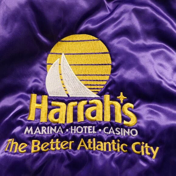 Vintage Satin Bomber Jacket Harrah’s Marina Hotel Casino Large Purple 80s Style - Picture 10 of 12